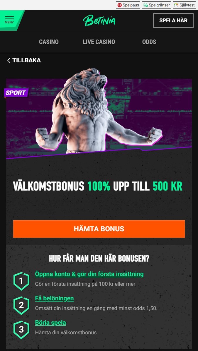 Erbjudande för nya användare hos Betinia Sveriges sportspel