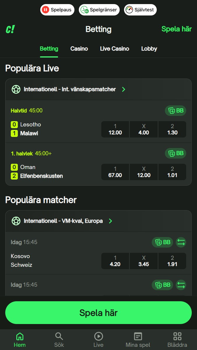 Före match och live betting med ComeOn!