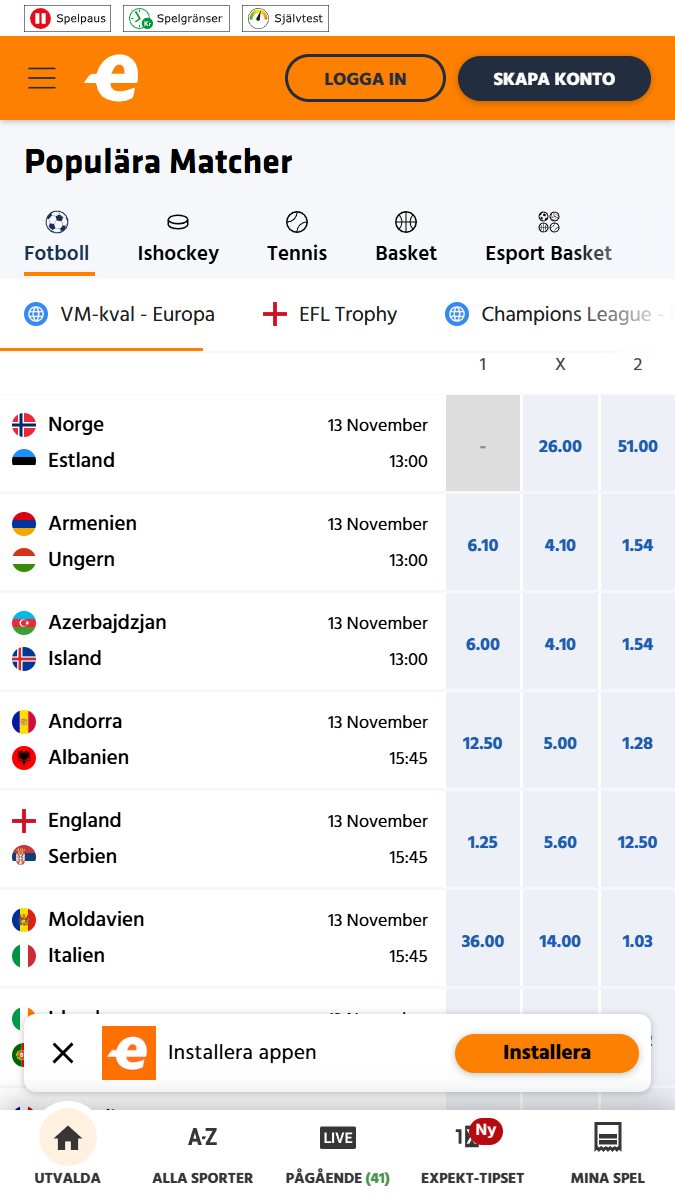 Hemsida för Expekt bookmakers webbplats
