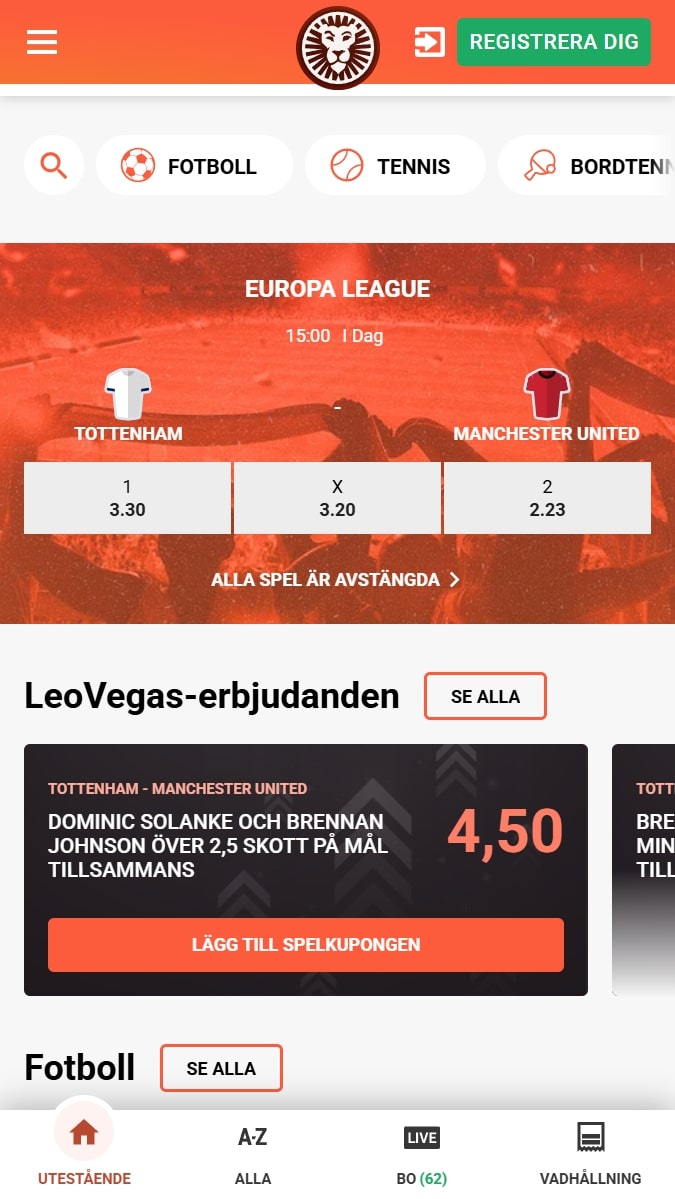 LeoVegas webbplats för sportspel