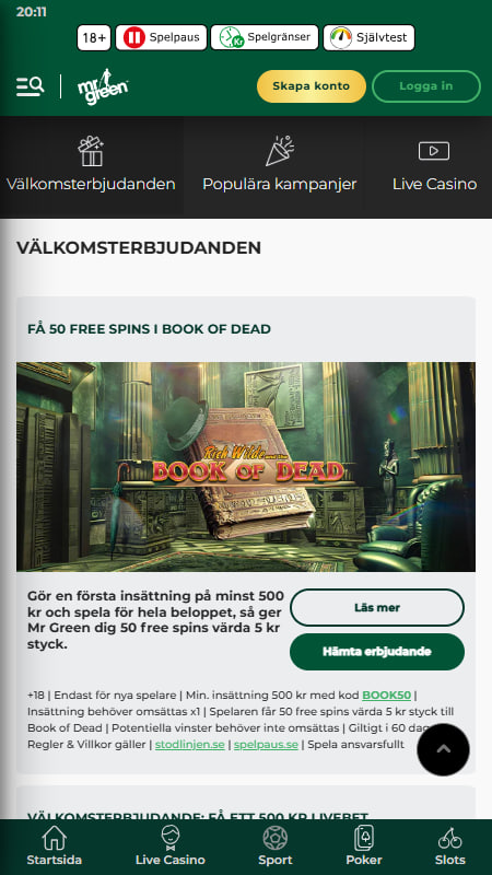 Mr Green free spins bonusar