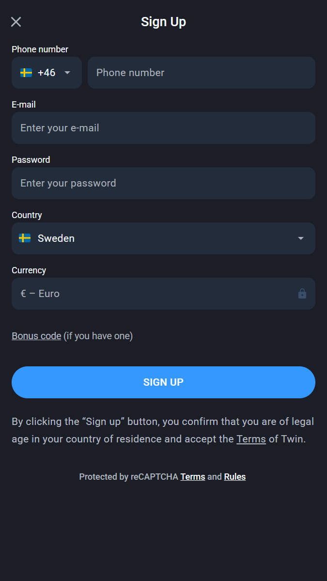 Skapa ett konto pΓ₯ Twin Sweden