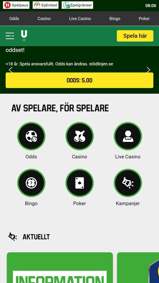 Unibets hemsida har olika alternativ