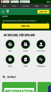 Unibets hemsida har olika alternativ
