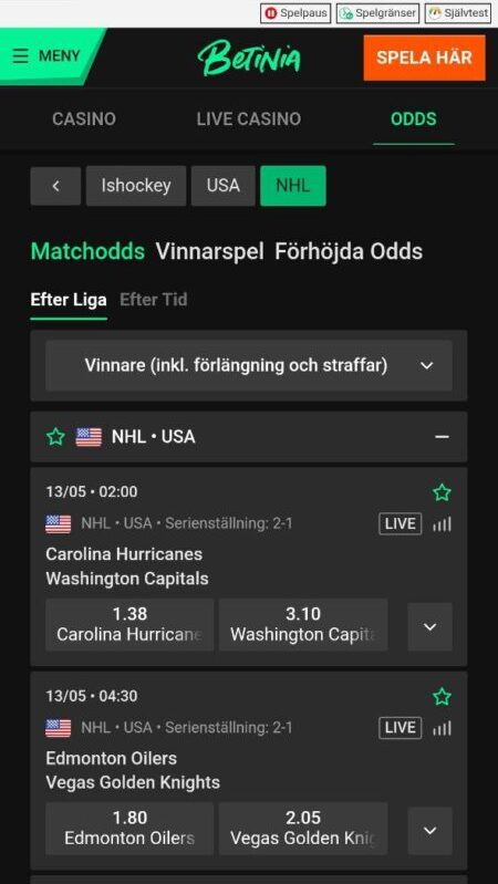 Betinia betting på NHL