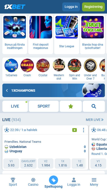 1xBet bookmaker betting main page