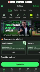 ComeOn mobilappgränssnitt